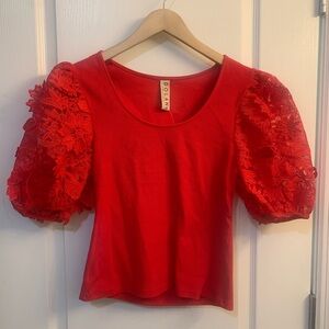 Anthropologie Dolan Solid Red Floral Lace Puff Sleeve Scoop Neck Top valentines